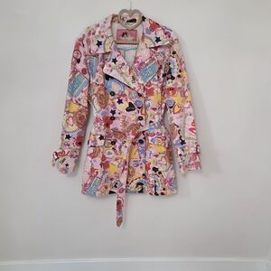 Vintage Fiorucci Angels Pop Art Trench Coat – Y2K Graphic Print – Hearts Roses S